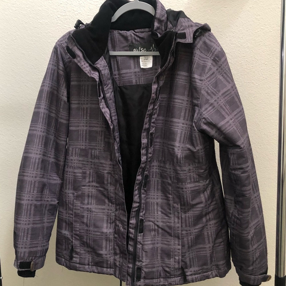 Grey Plaid Waterproof Ski / Snowboard Jacket with Removable Hood